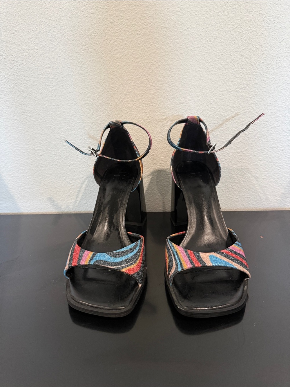 Gianni Bini Black Block Heel Sandals with Multicolor Stripes